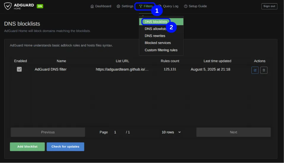 DNS blocklist page
