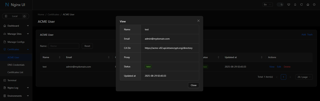 View ACME User Information