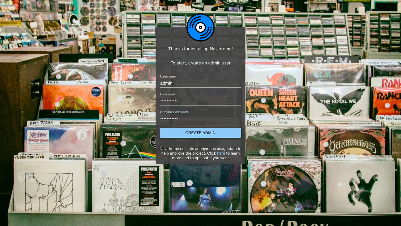 Create administrator account screen
