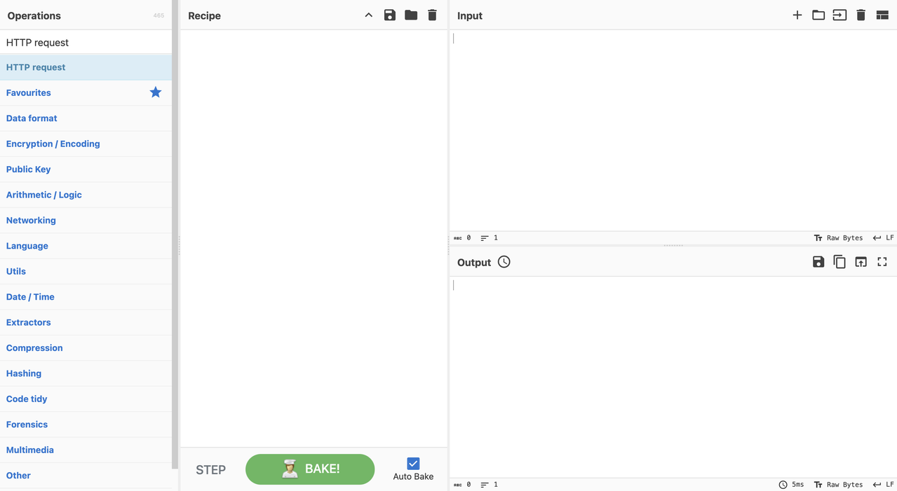 CyberChef web interface with Operations, Recipe, Input, and Output panels