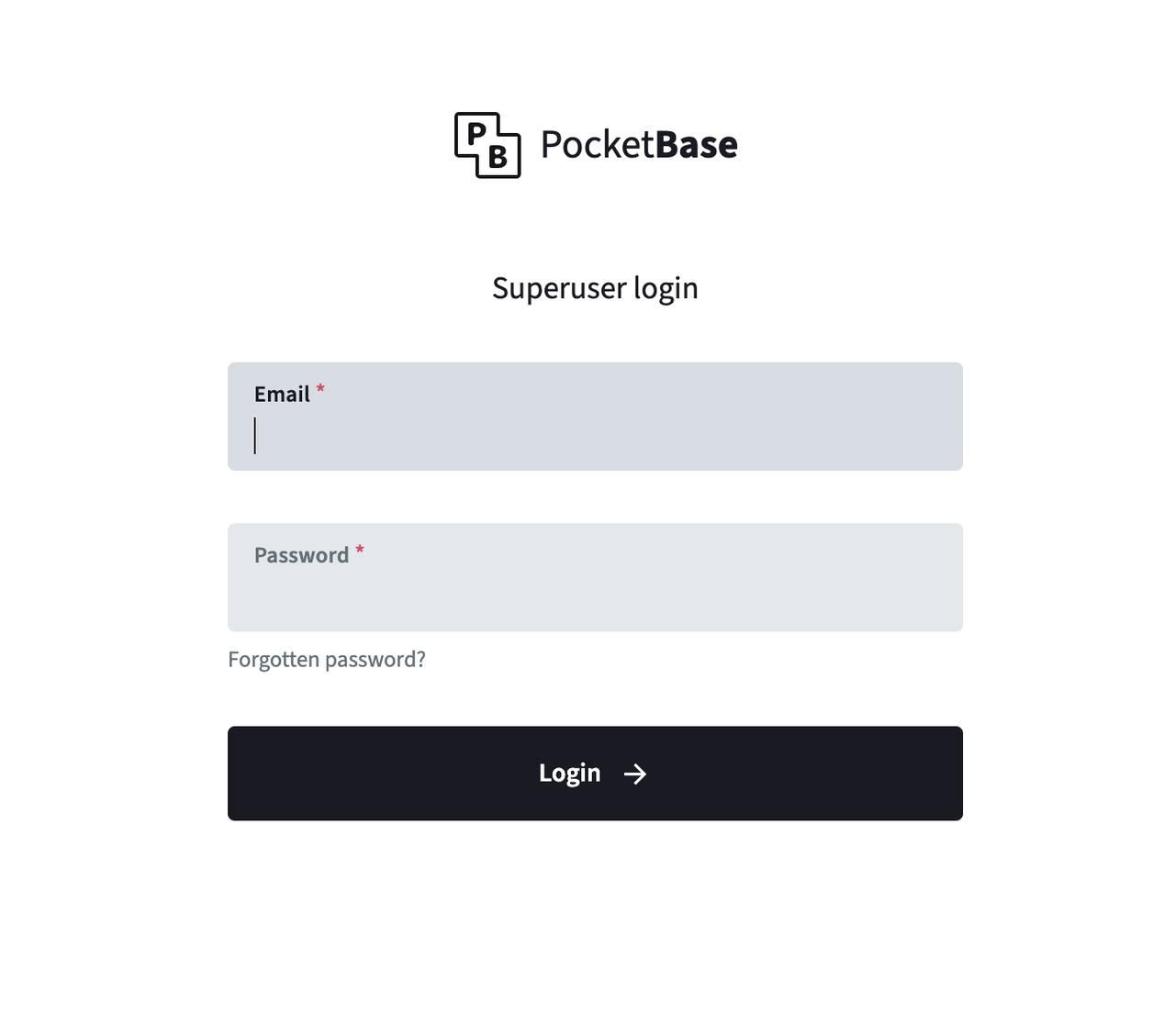 PocketBase admin login screen with email and password fields