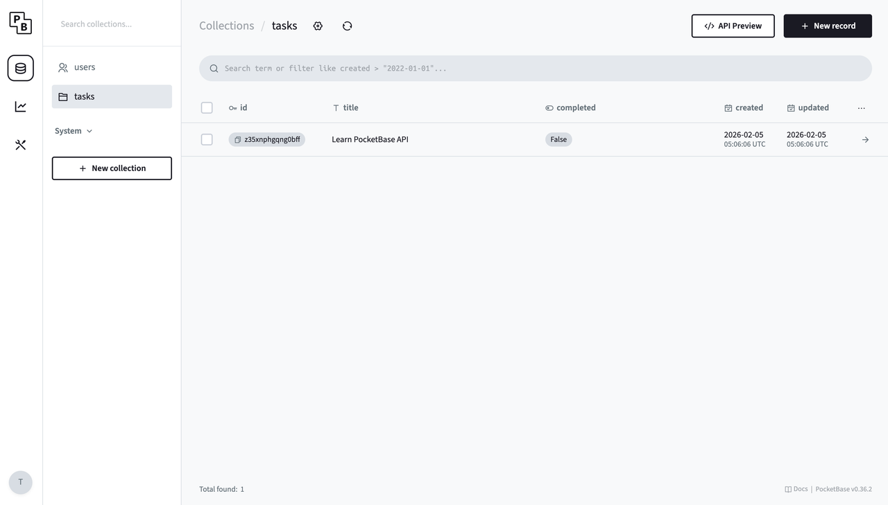 PocketBase tasks collection with sample record showing title and completed fields