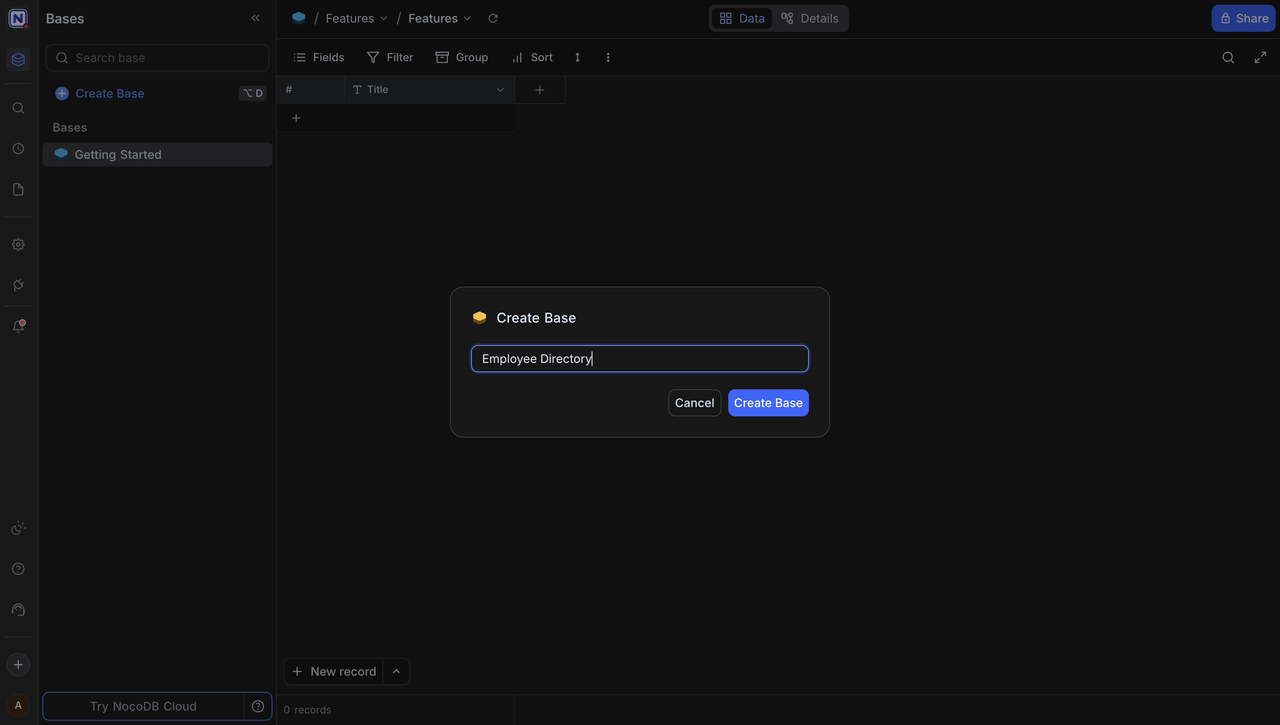 NocoDB dashboard showing Employee Directory base