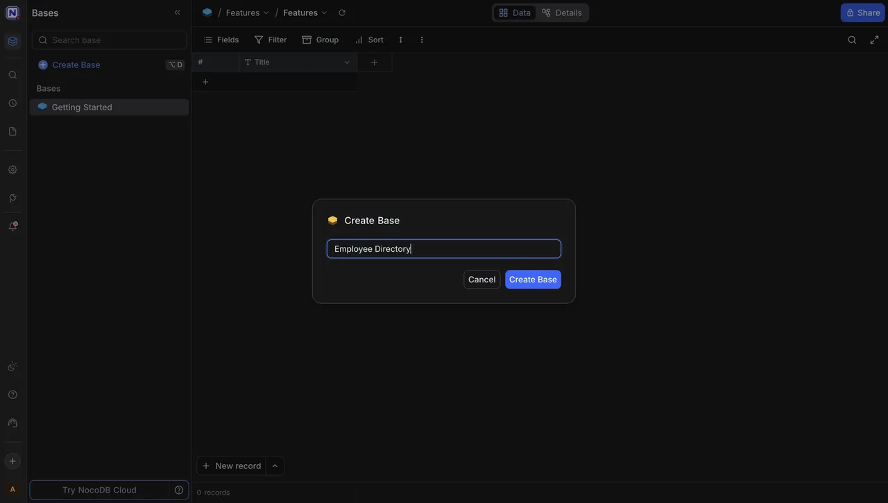 NocoDB dashboard showing Employee Directory base