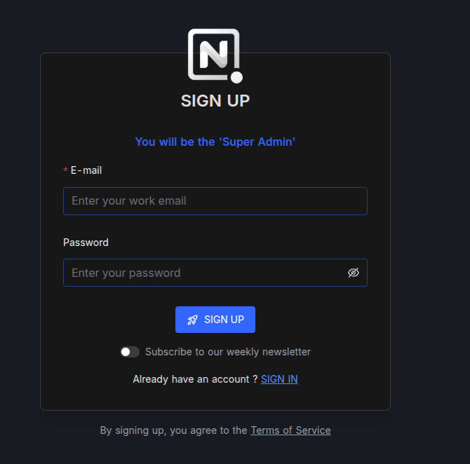NocoDB Sign Up screen with email and password fields