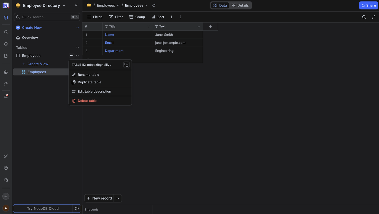 NocoDB table context menu showing table ID