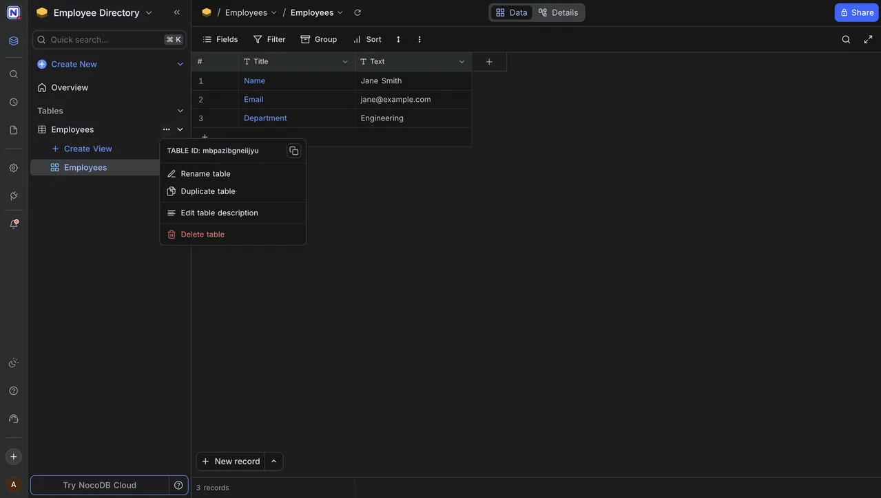 NocoDB table context menu showing table ID