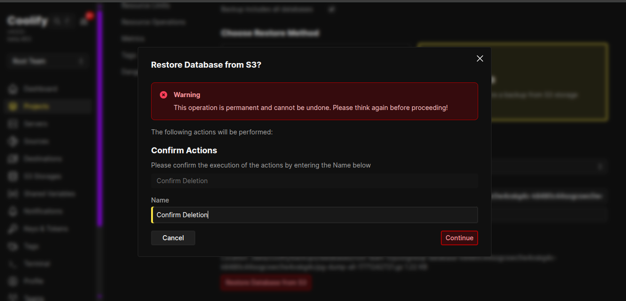 Coolify database restoration confirmation form
