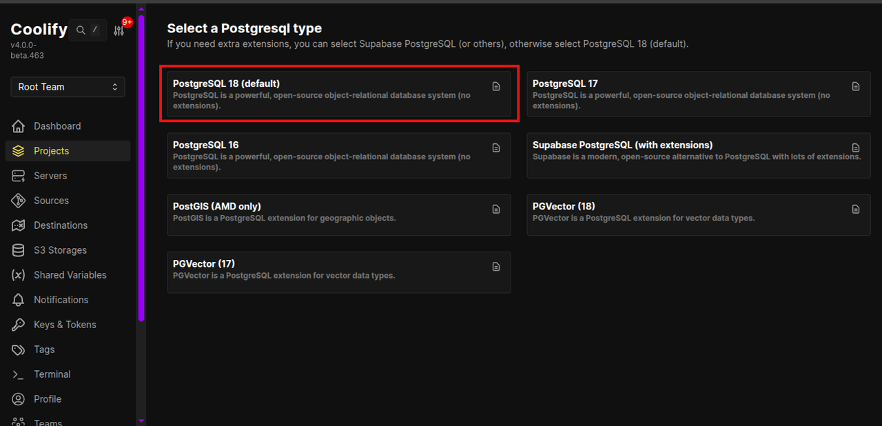 Coolify PostgreSQL type selection