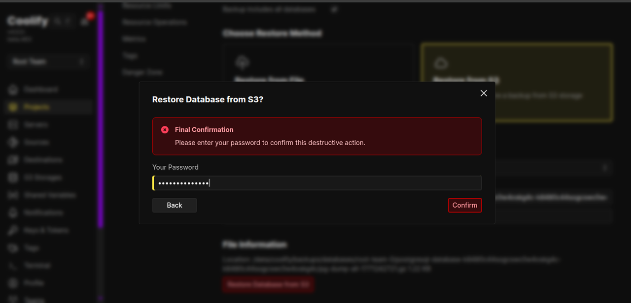 Coolify database restoration confirmation password form