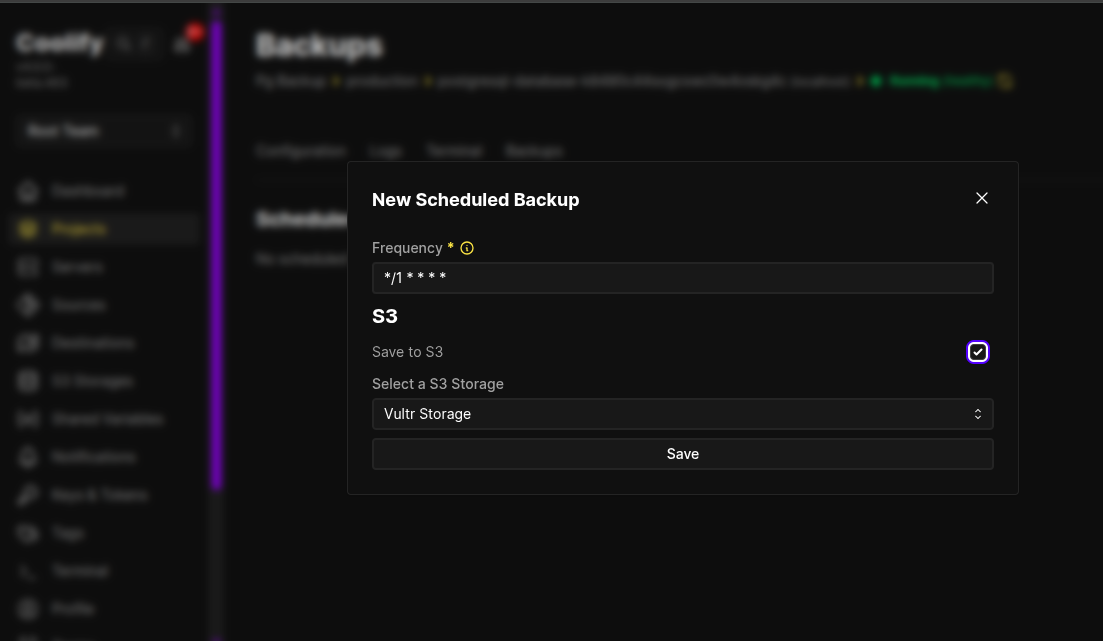 Coolify backup creation form