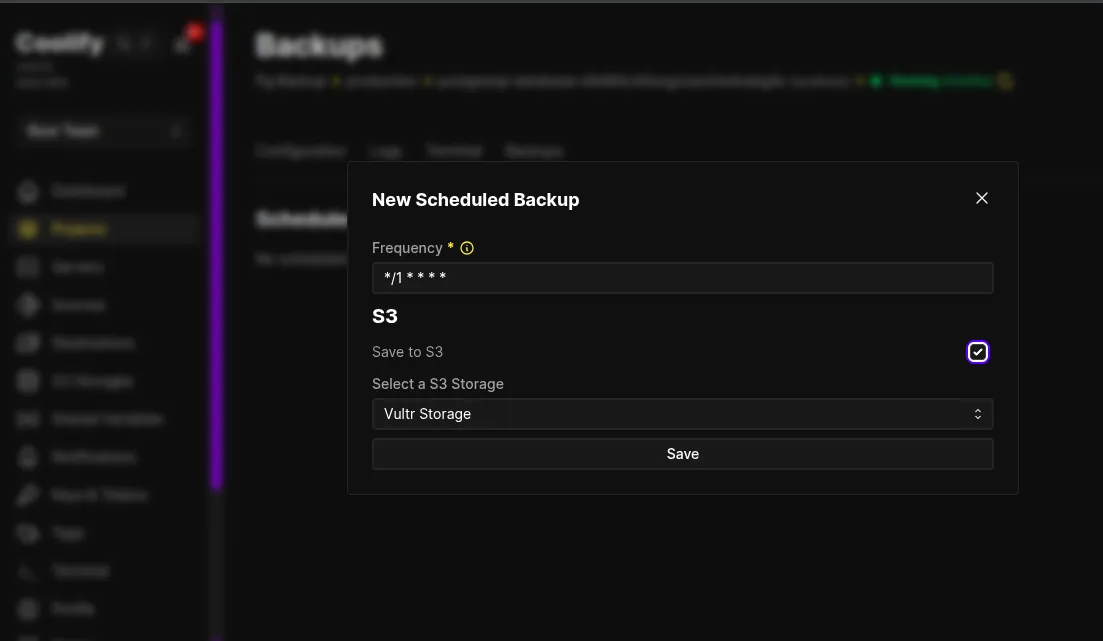 Coolify backup creation form