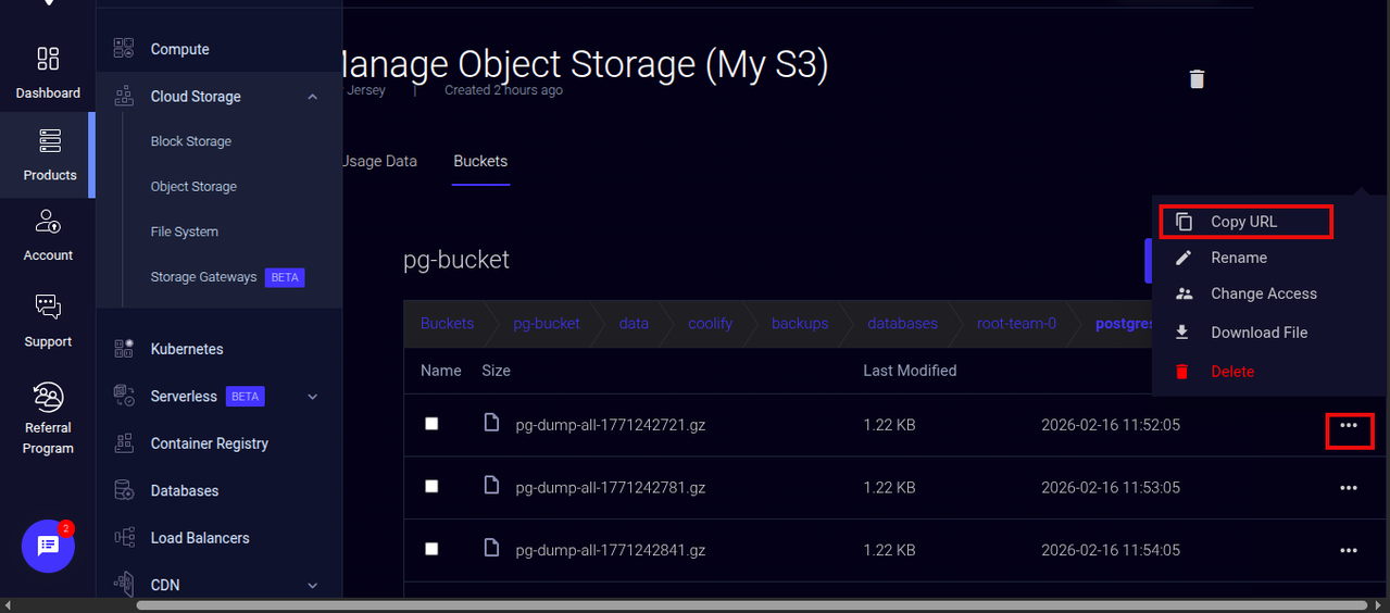 PostgreSQL backup dump files in S3 storage