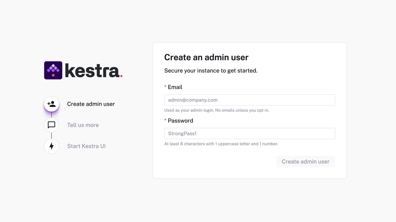 Kestra create admin user page