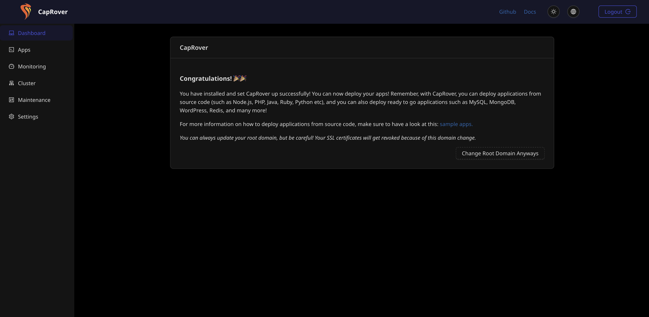 CapRover dashboard showing the Congratulations message after completing HTTPS setup