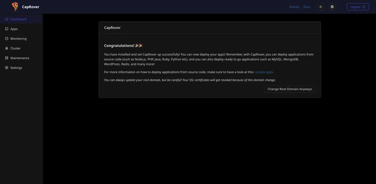 CapRover dashboard showing the Congratulations message after completing HTTPS setup