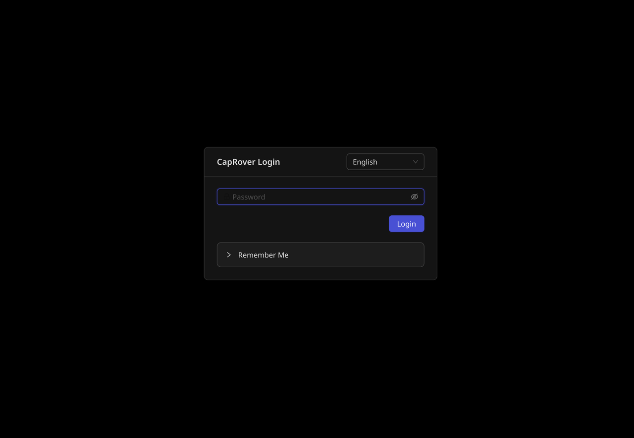 CapRover login page showing the password field and login button