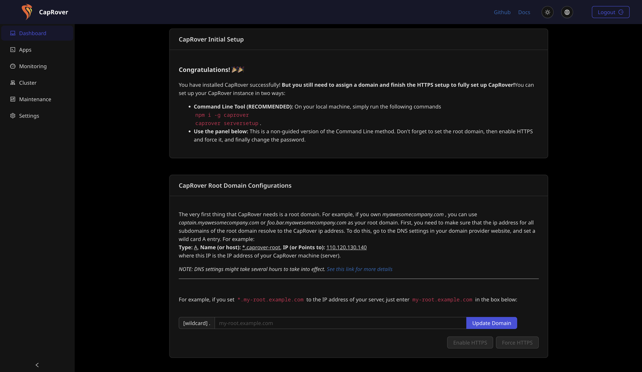 CapRover Initial Setup page showing the two setup method options and the Root Domain Configurations section below