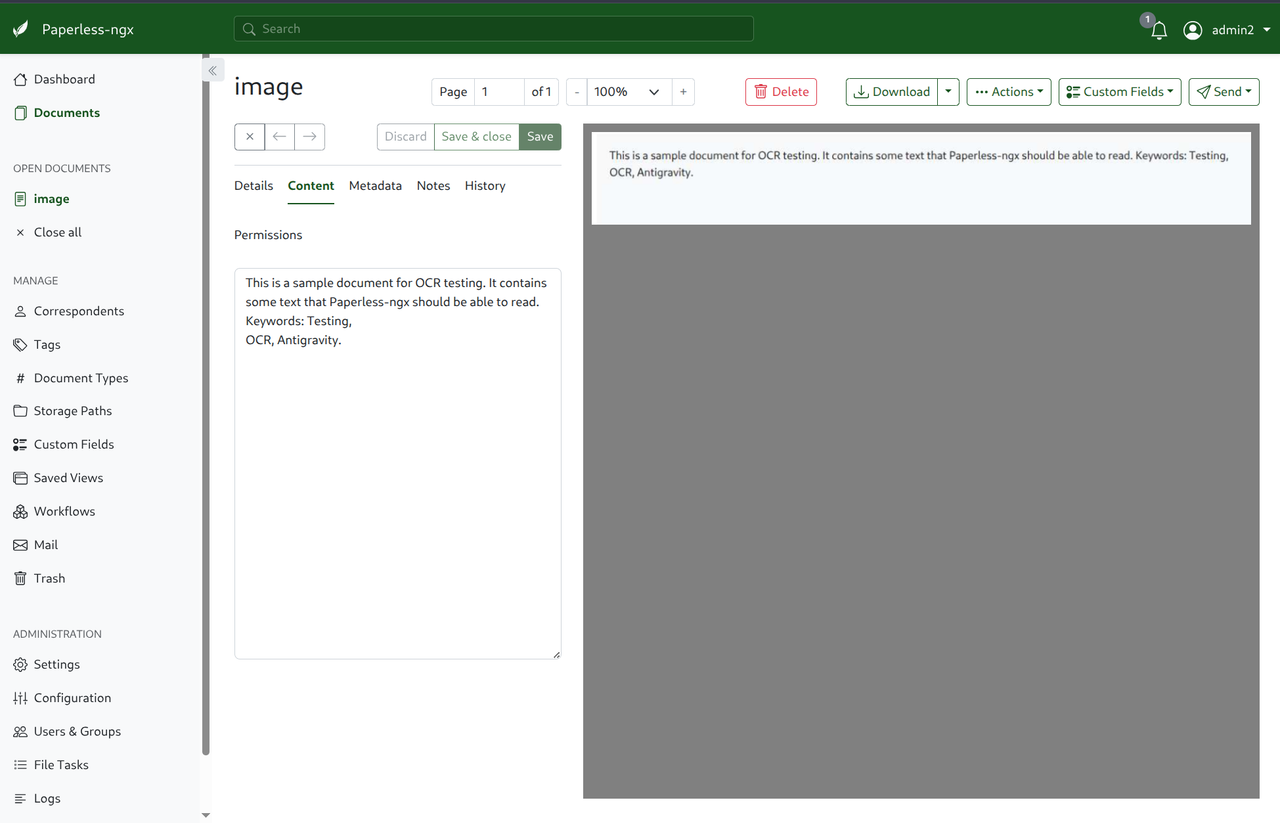 Paperless-ngx document viewer showing OCR-extracted text from a scanned image