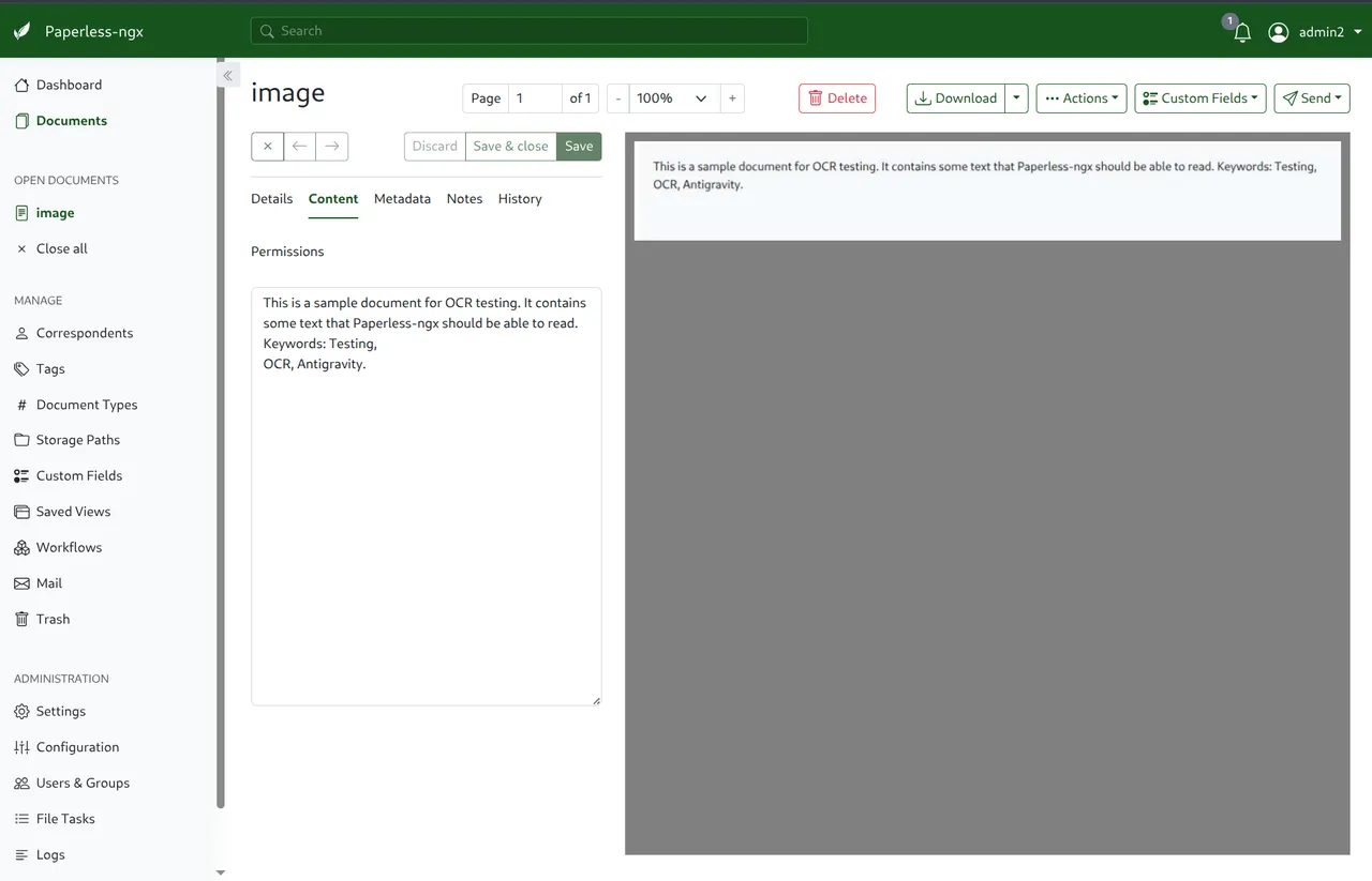 Paperless-ngx document viewer showing OCR-extracted text from a scanned image