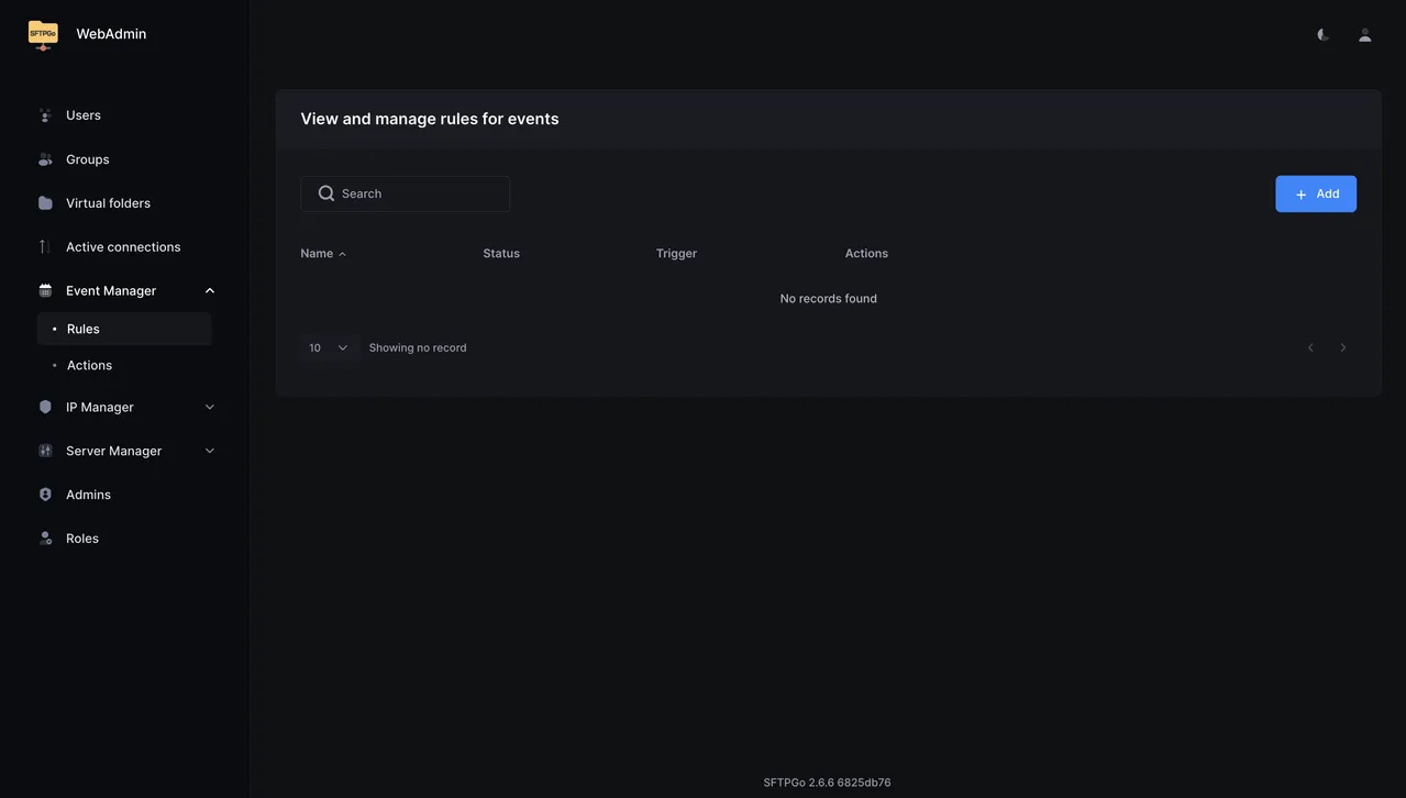 SFTPGo Event Manager Rules page showing the rules table with Name, Status, Trigger, and Actions columns