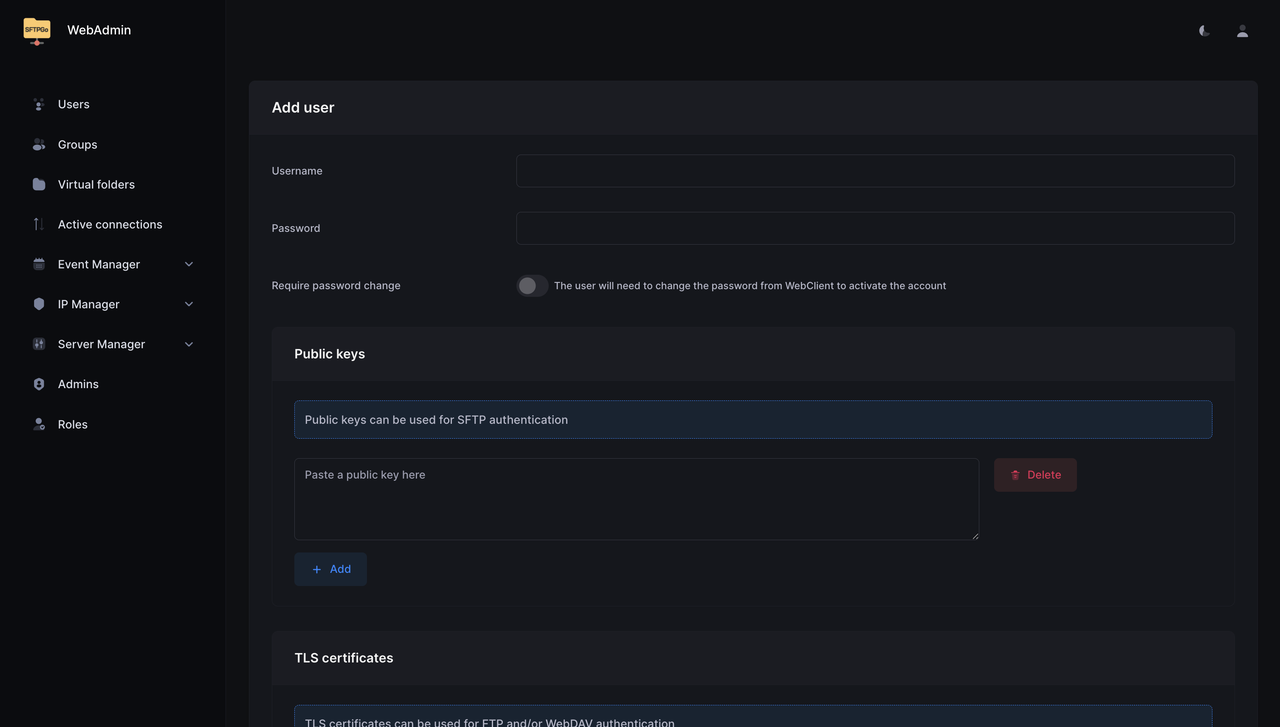 SFTPGo Add User form showing Username, Password, Public keys, TLS certificates, and File system sections