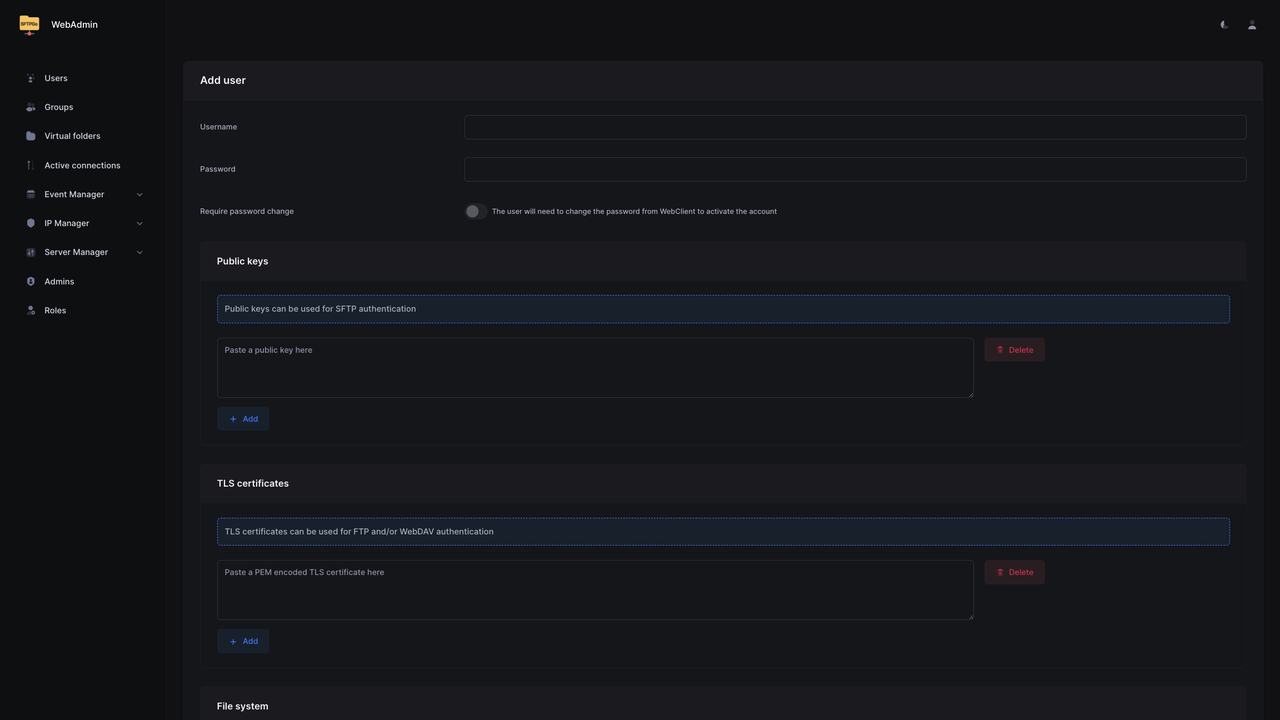 SFTPGo Add User form showing Username, Password, Public keys, File system, Profile, ACLs, and Disk quota sections