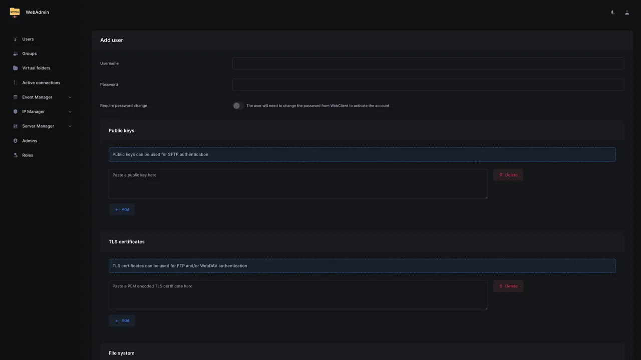 SFTPGo Add User form showing Username, Password, Public keys, File system, Profile, ACLs, and Disk quota sections