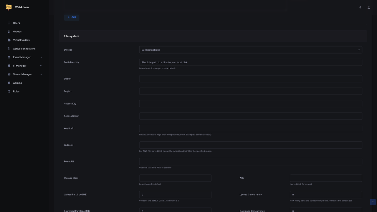 SFTPGo File system section with S3 (Compatible) selected, showing Bucket, Region, Access Key, Access Secret, Endpoint, and path-style addressing fields