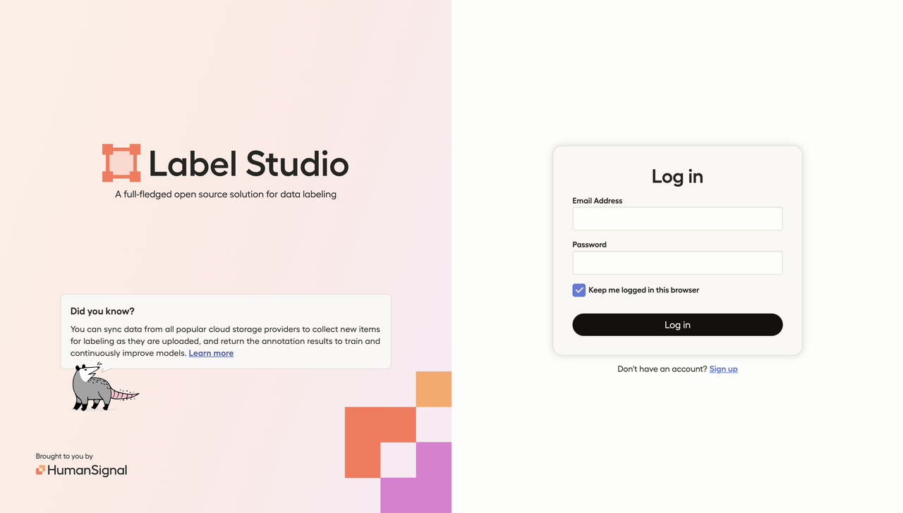 Label Studio sign-up page with email and password fields