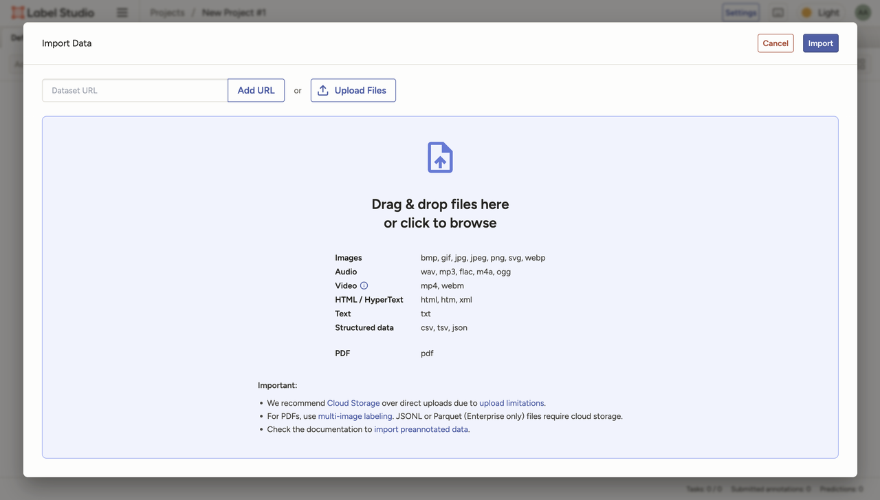 Label Studio import dialog with options to upload files or paste data