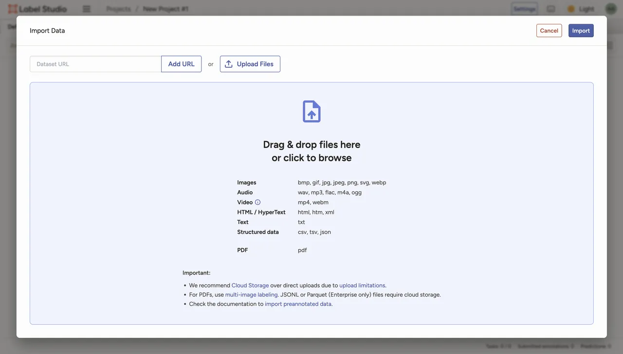 Label Studio import dialog with options to upload files or paste data
