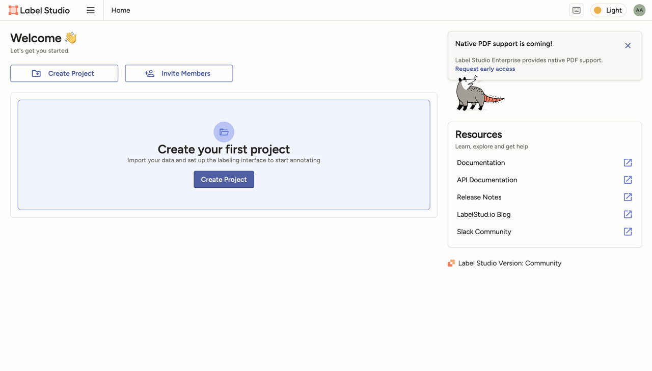 Label Studio dashboard with the Create Project button highlighted