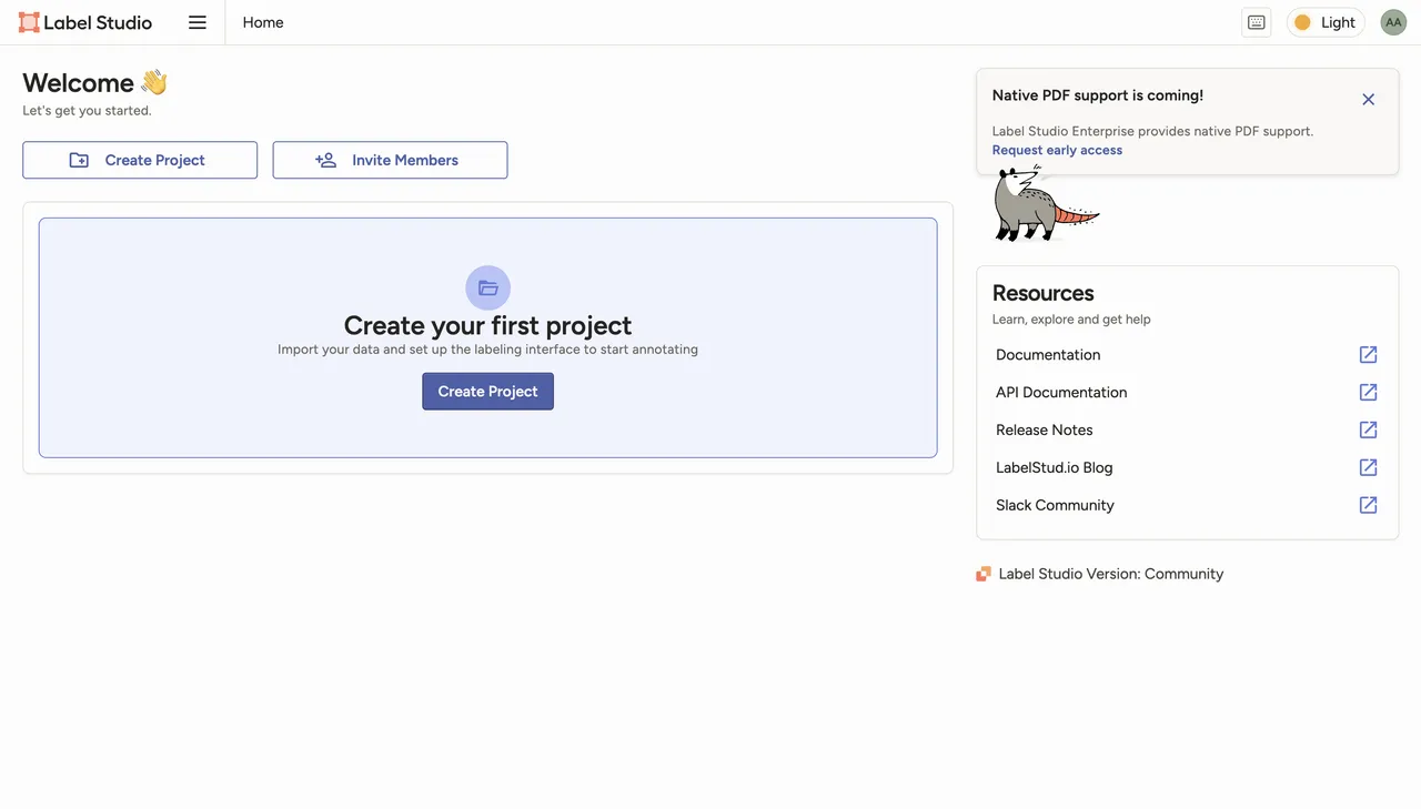 Label Studio dashboard with the Create Project button highlighted
