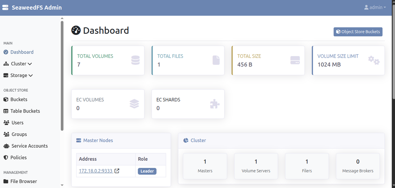 SeaweedFS dashboard homepage