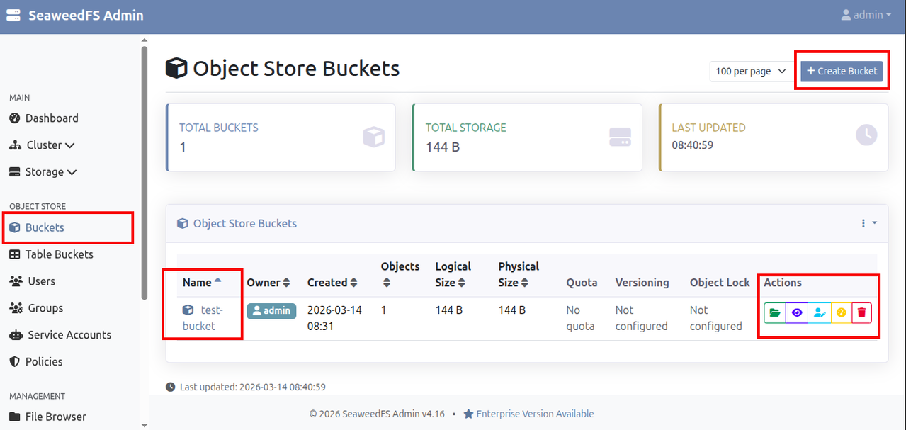 SeaweedFS bucket management tab