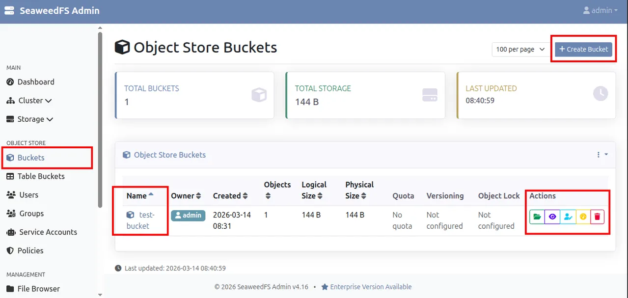 SeaweedFS bucket management tab