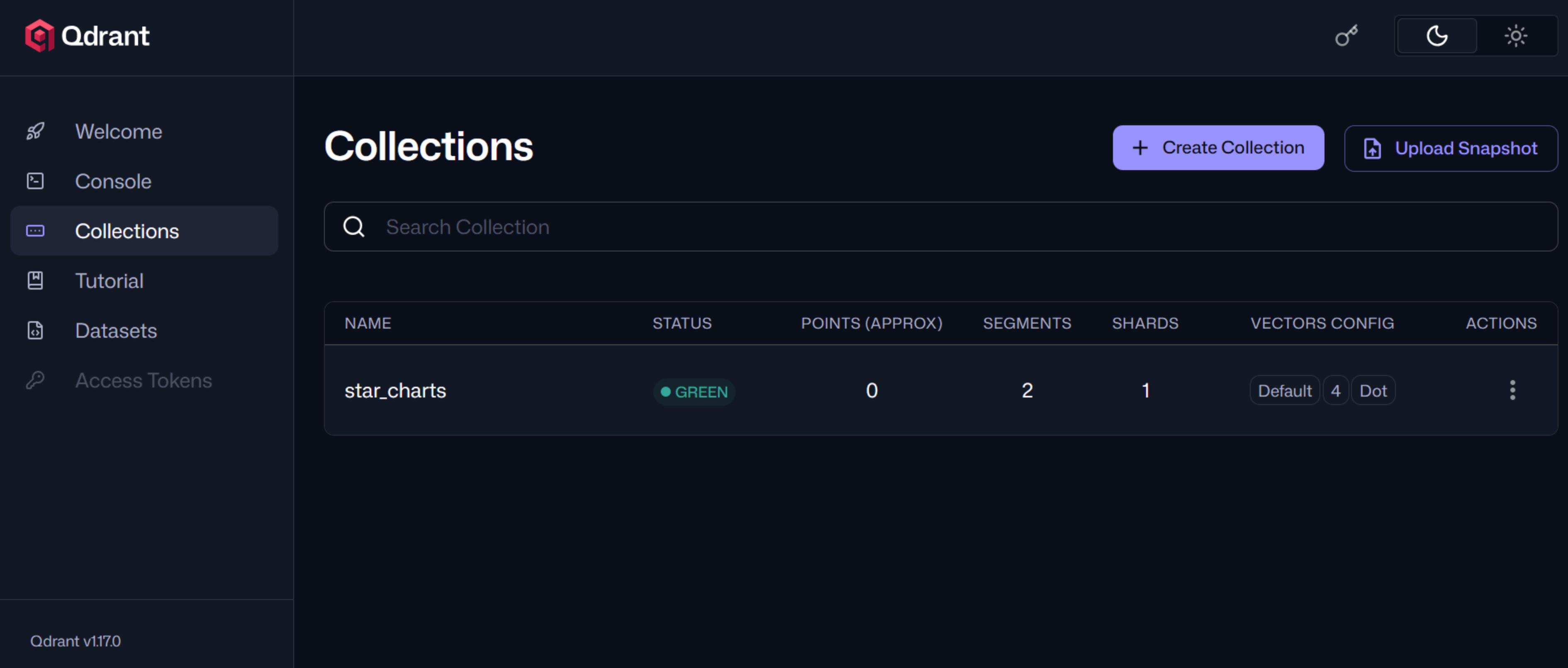 Qdrant dashboard showing star_charts collection with inserted sample vectors