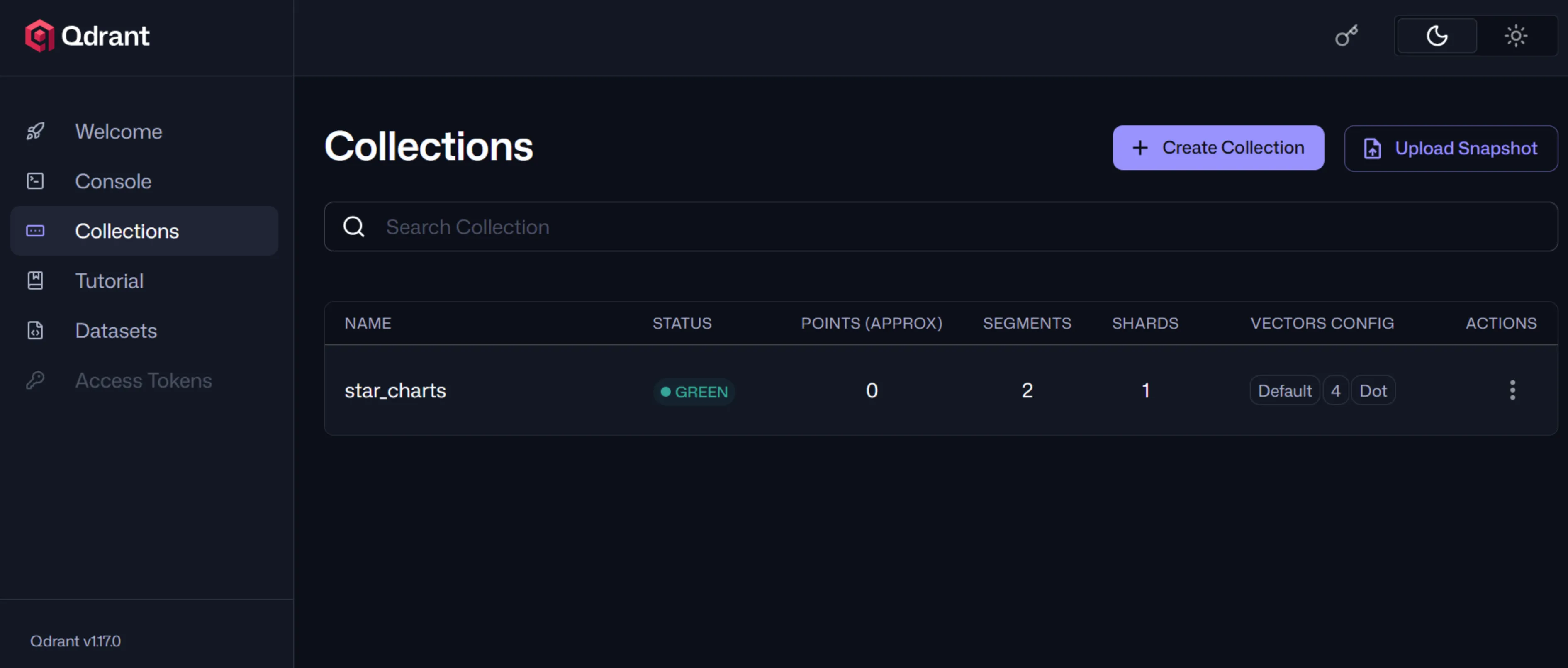 Qdrant dashboard showing star_charts collection with inserted sample vectors