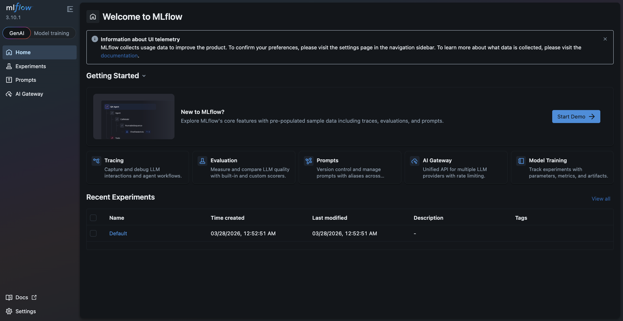 MLflow dashboard displaying the Welcome page with Getting Started options and Recent Experiments