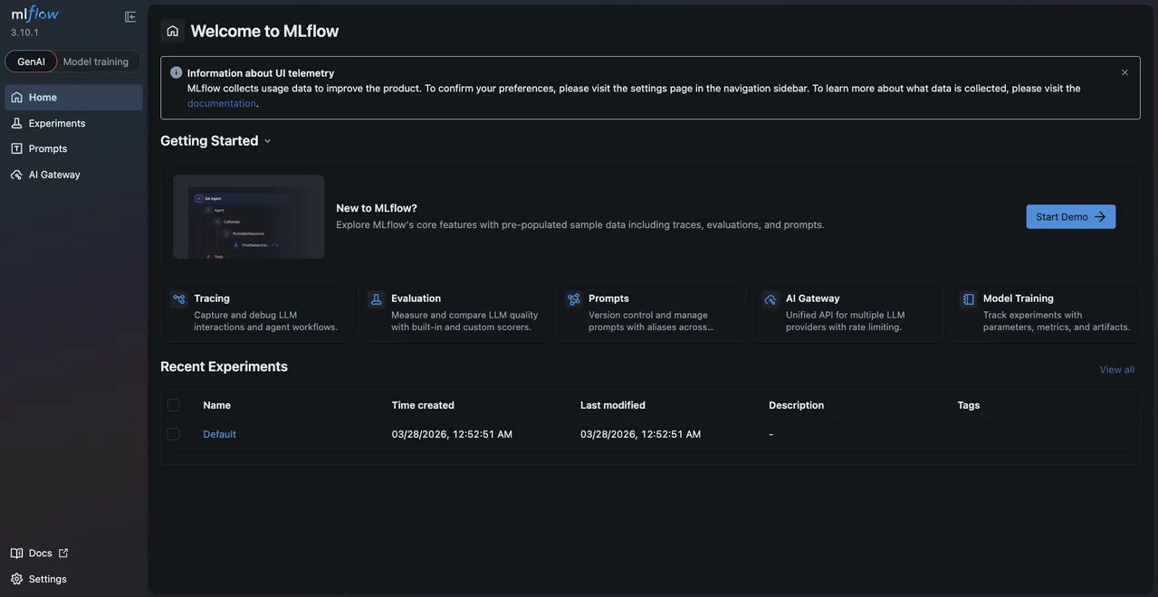 MLflow dashboard displaying the Welcome page with Getting Started options and Recent Experiments
