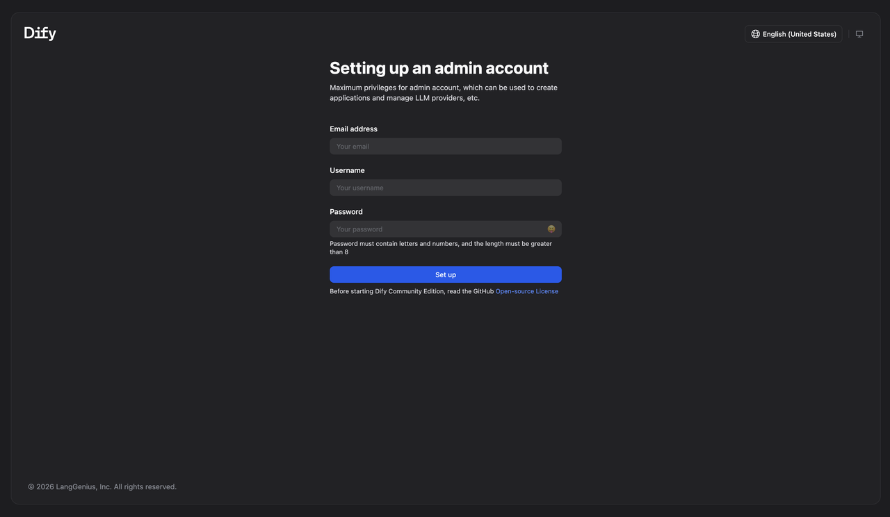 Dify administrator account setup form on first launch