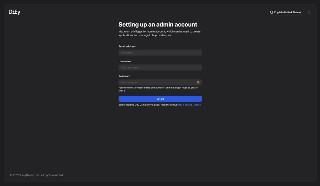 Dify administrator account setup form on first launch