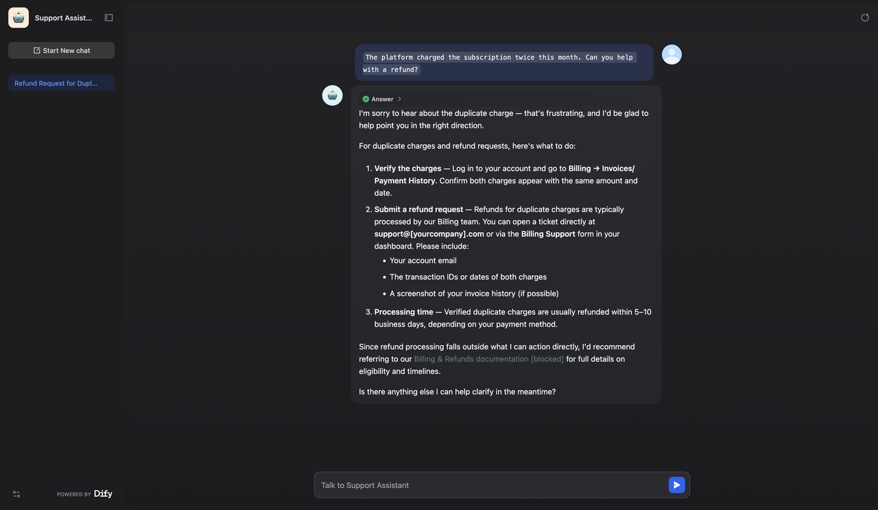 Dify Support Assistant standalone chat interface