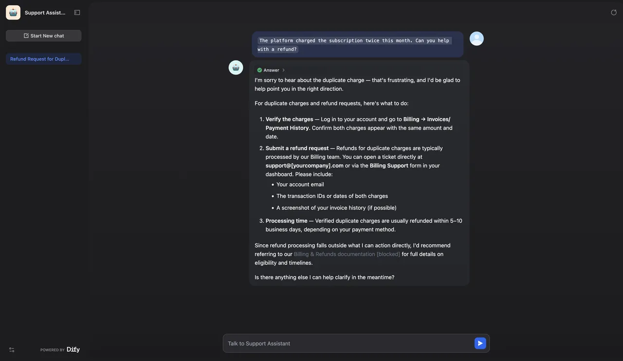 Dify Support Assistant standalone chat interface