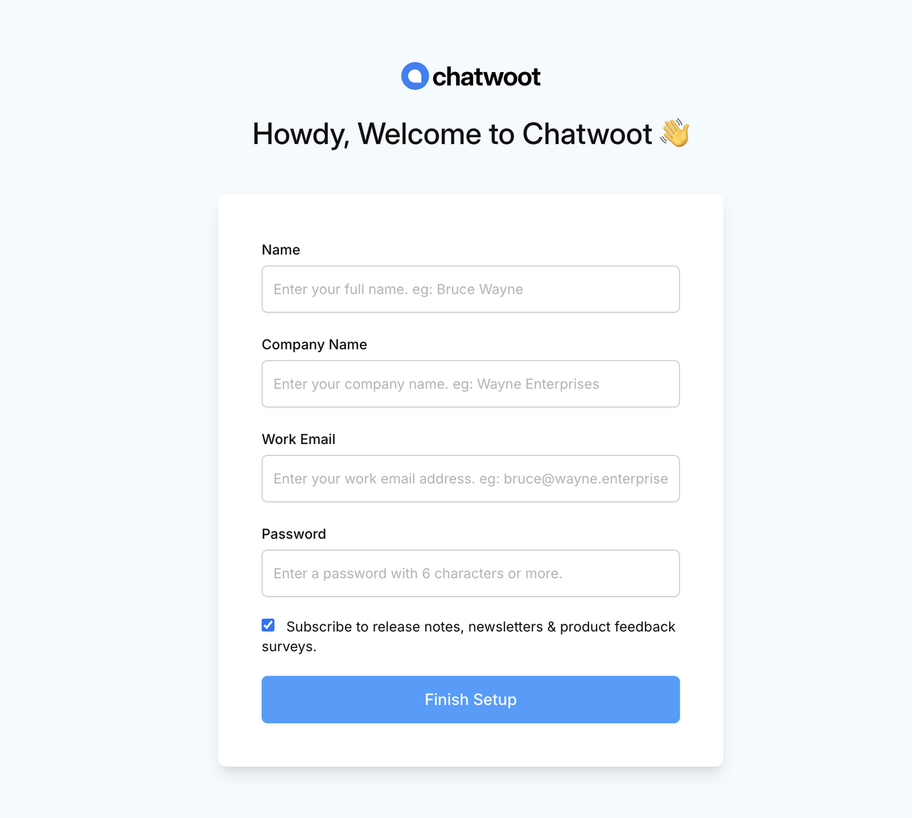Chatwoot registration screen with fields for Name, Company Name, Work Email, and Password