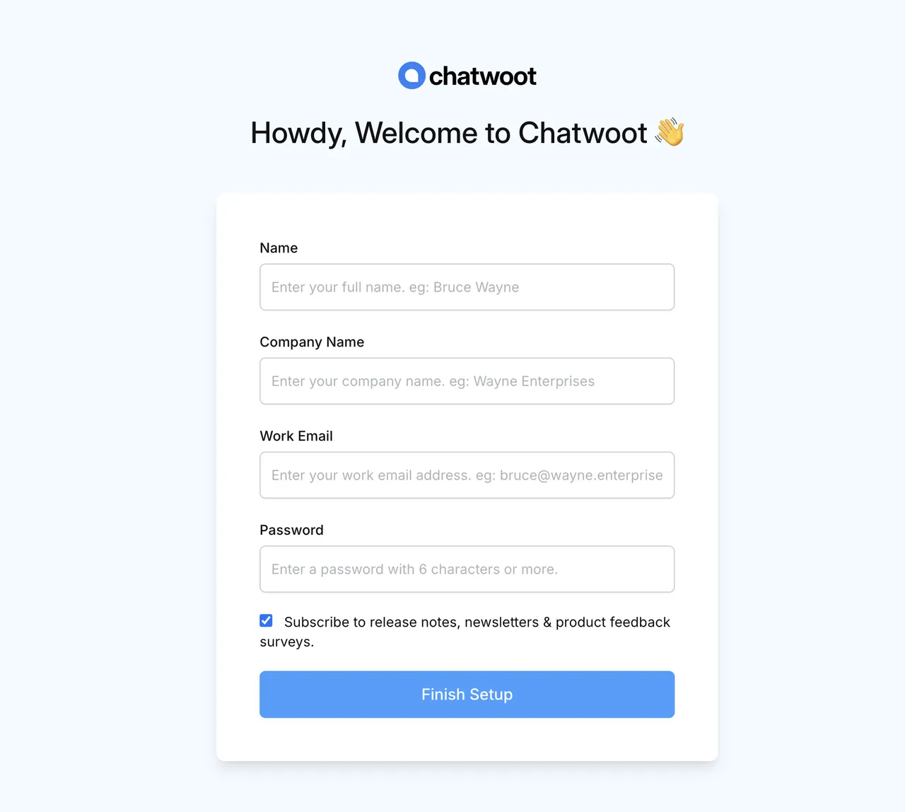 Chatwoot registration screen with fields for Name, Company Name, Work Email, and Password