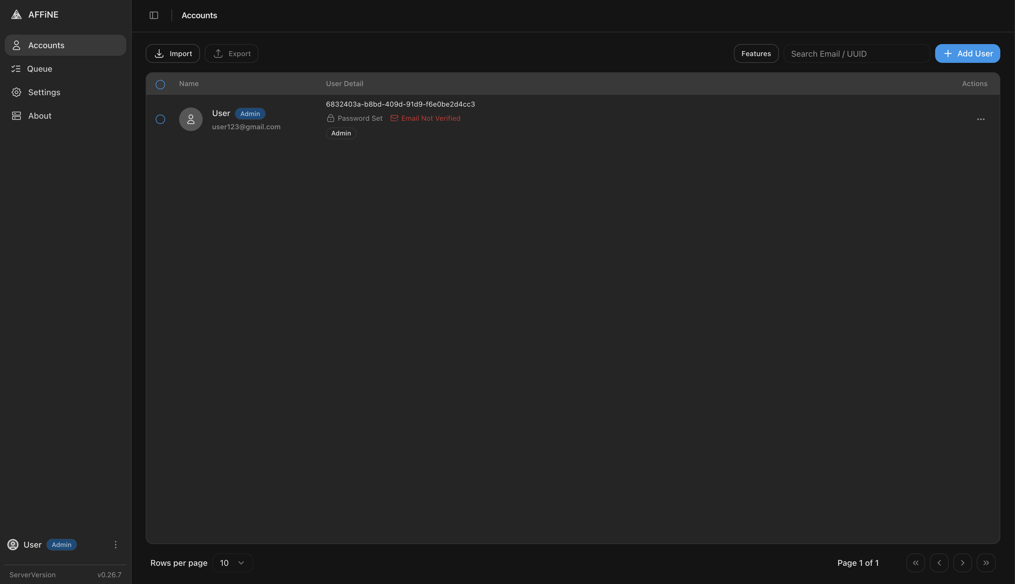 AFFiNE dashboard after login