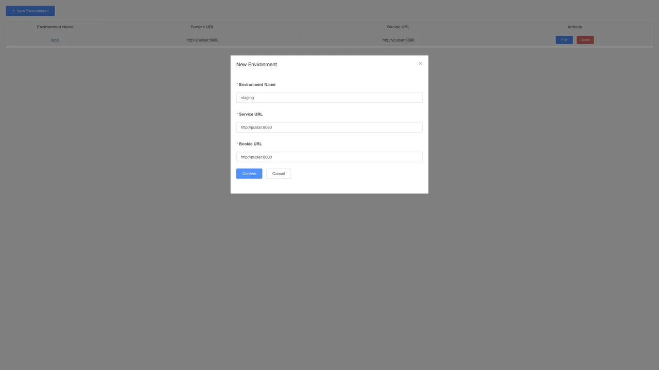 New Environment dialog with Environment Name, Service URL, and Bookie URL fields