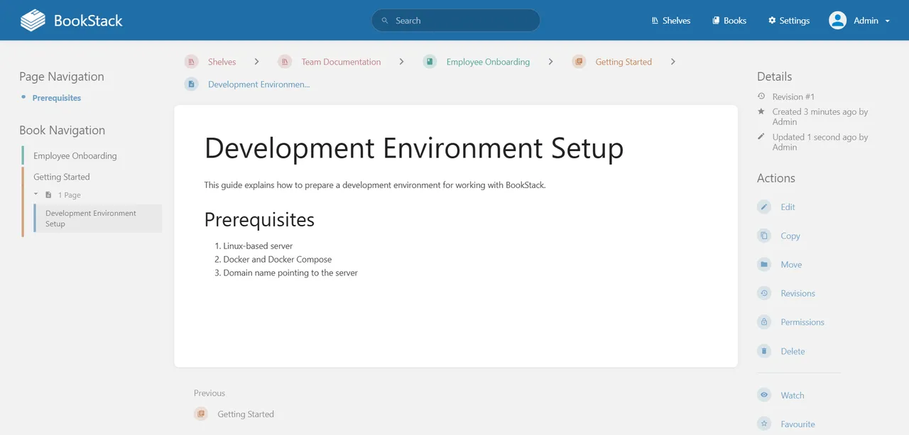BookStack page screen